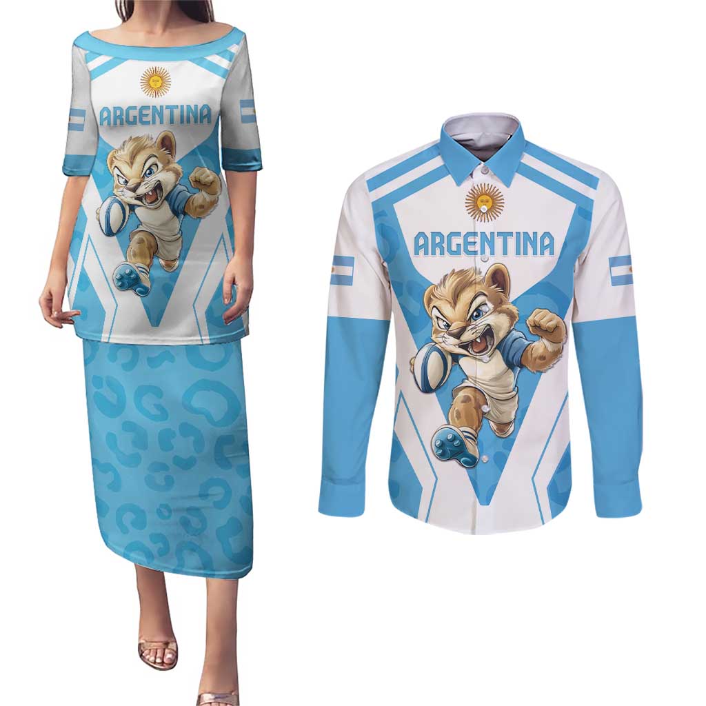 Custom Argentina Rugby 2024 Couples Matching Puletasi and Long Sleeve Button Shirt Go Los Pumas Leopard Pattern LT05 - Wonder Print Shop