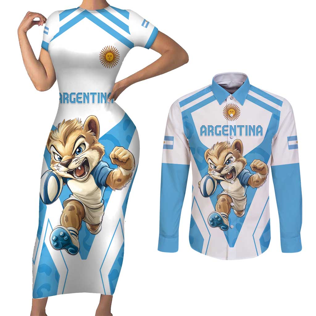 Custom Argentina Rugby 2024 Couples Matching Short Sleeve Bodycon Dress and Long Sleeve Button Shirt Go Los Pumas Leopard Pattern LT05 - Wonder Print Shop