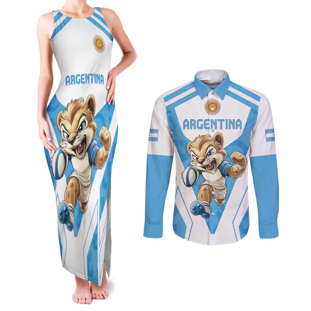 Custom Argentina Rugby 2024 Couples Matching Tank Maxi Dress and Long Sleeve Button Shirt Go Los Pumas Leopard Pattern LT05 - Wonder Print Shop