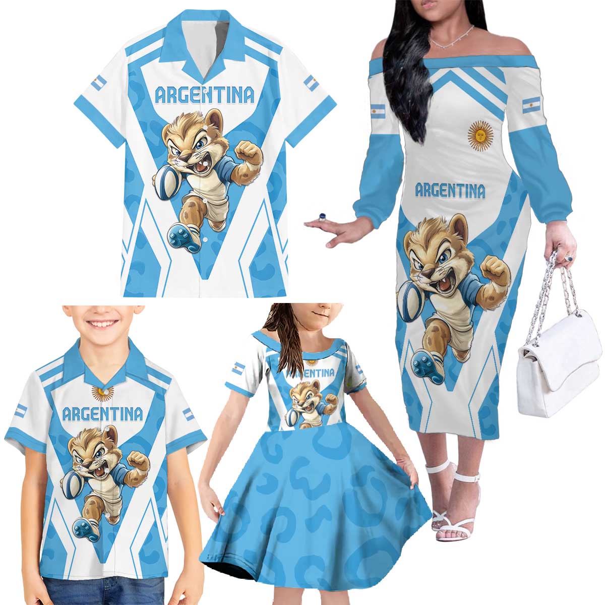 Custom Argentina Rugby 2024 Family Matching Off The Shoulder Long Sleeve Dress and Hawaiian Shirt Go Los Pumas Leopard Pattern LT05 - Wonder Print Shop