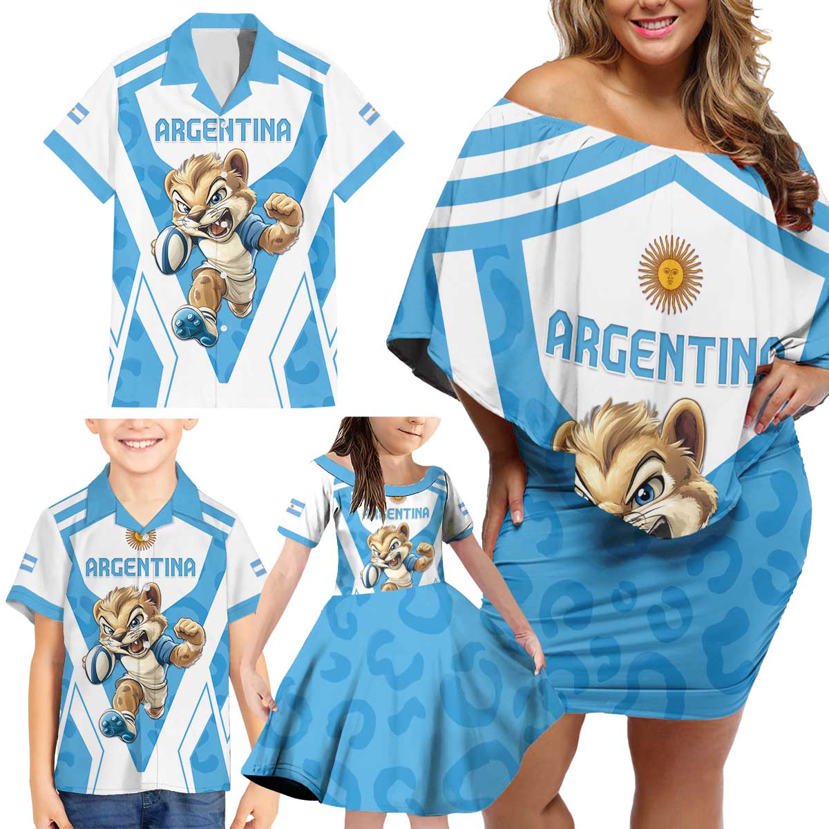 Custom Argentina Rugby 2024 Family Matching Off Shoulder Short Dress and Hawaiian Shirt Go Los Pumas Leopard Pattern LT05 - Wonder Print Shop