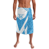 Blue and white rugby-style shorts with leopard print, side panels and '05' text