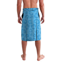 Blue rugby-style shorts with stitched waistband and allover camo pattern