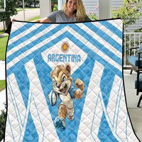 Blue and white Argentina rugby quilt with centered Argentina emblem and running cartoon Pumas mascot