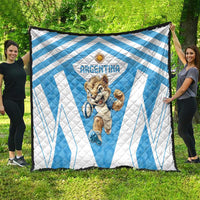 Blue and white Argentina rugby quilt held outdoors with Argentina emblem and cartoon Pumas mascot