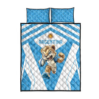 Blue quilt bed set with Argentina text, cartoon mascot, and two matching pillowcases
