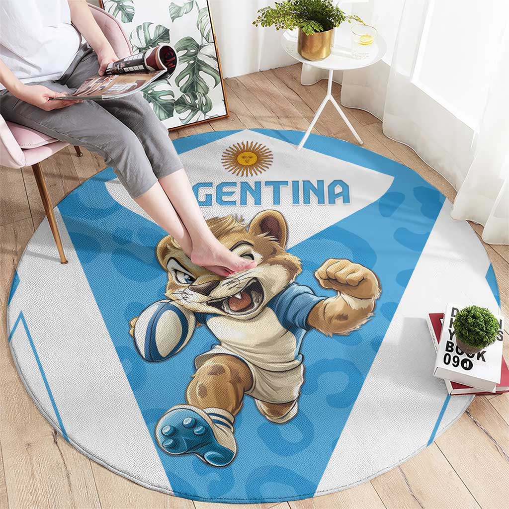 Round Argentina rugby carpet with mascot pointing, blue center, and white edge