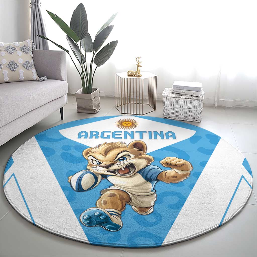 Round Argentina rugby carpet with cartoon character, blue-and-white geometric border