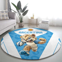 Round Argentina rugby carpet with cartoon character, blue-and-white geometric border