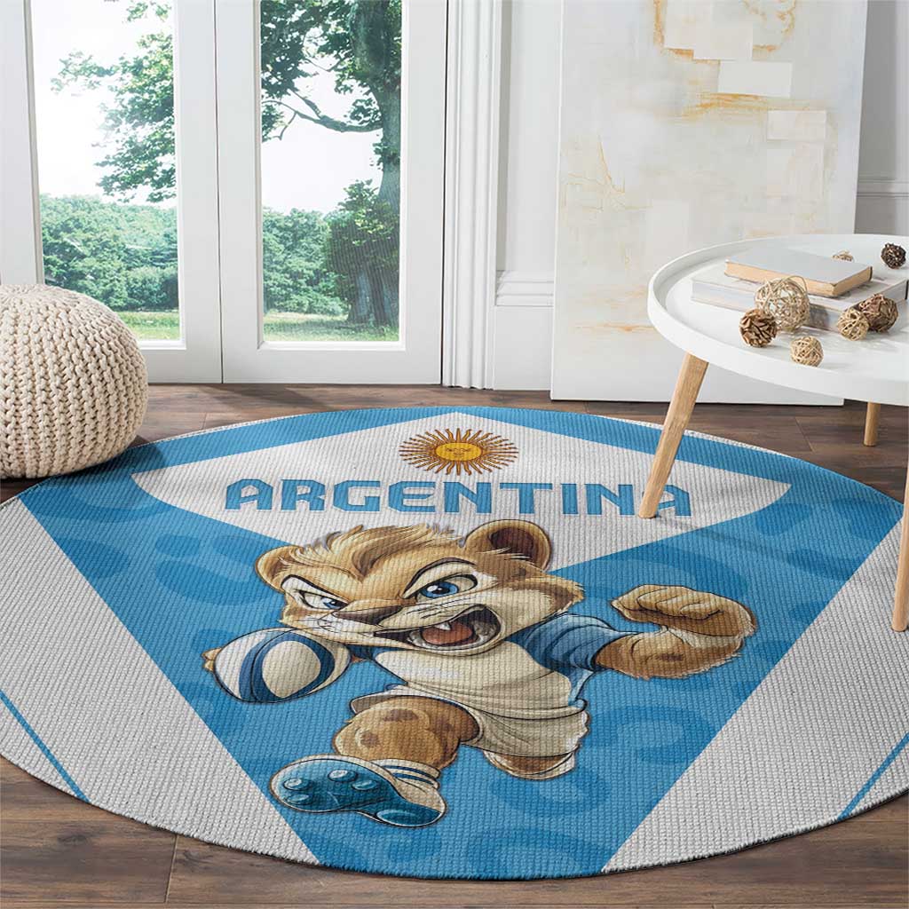 Round Argentina rugby carpet with mascot face, blue center panel, and white border
