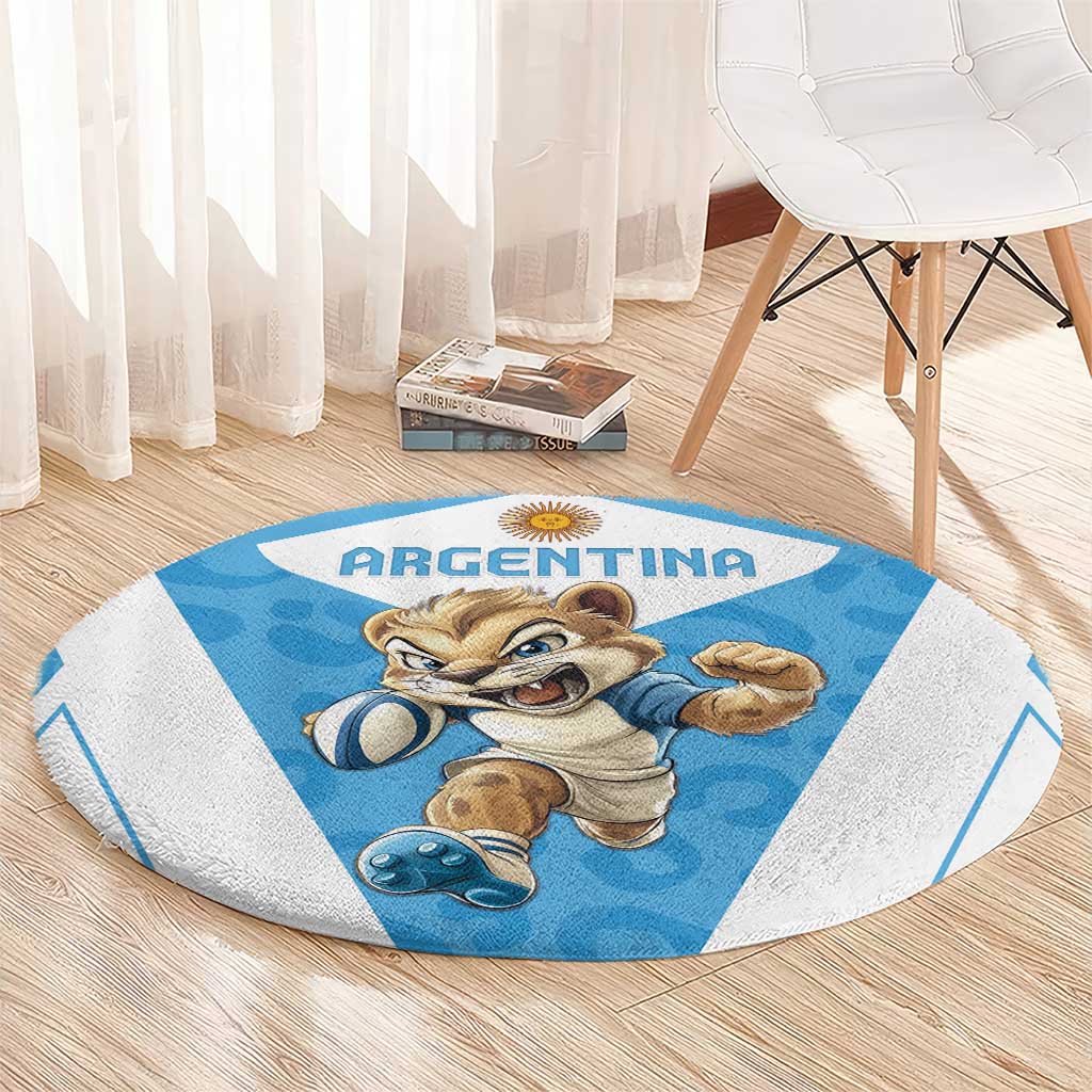 Round Argentina rugby carpet with Argentina text, blue center, and white patterned edge
