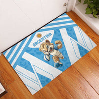 Blue Argentina rugby doormat with cartoon cat mascot, white accents, and hex striping