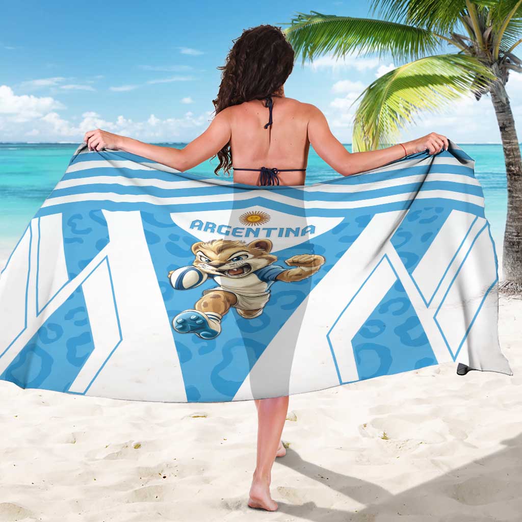 Blue and white rugby sarong draped with back Argentina crest and mascot