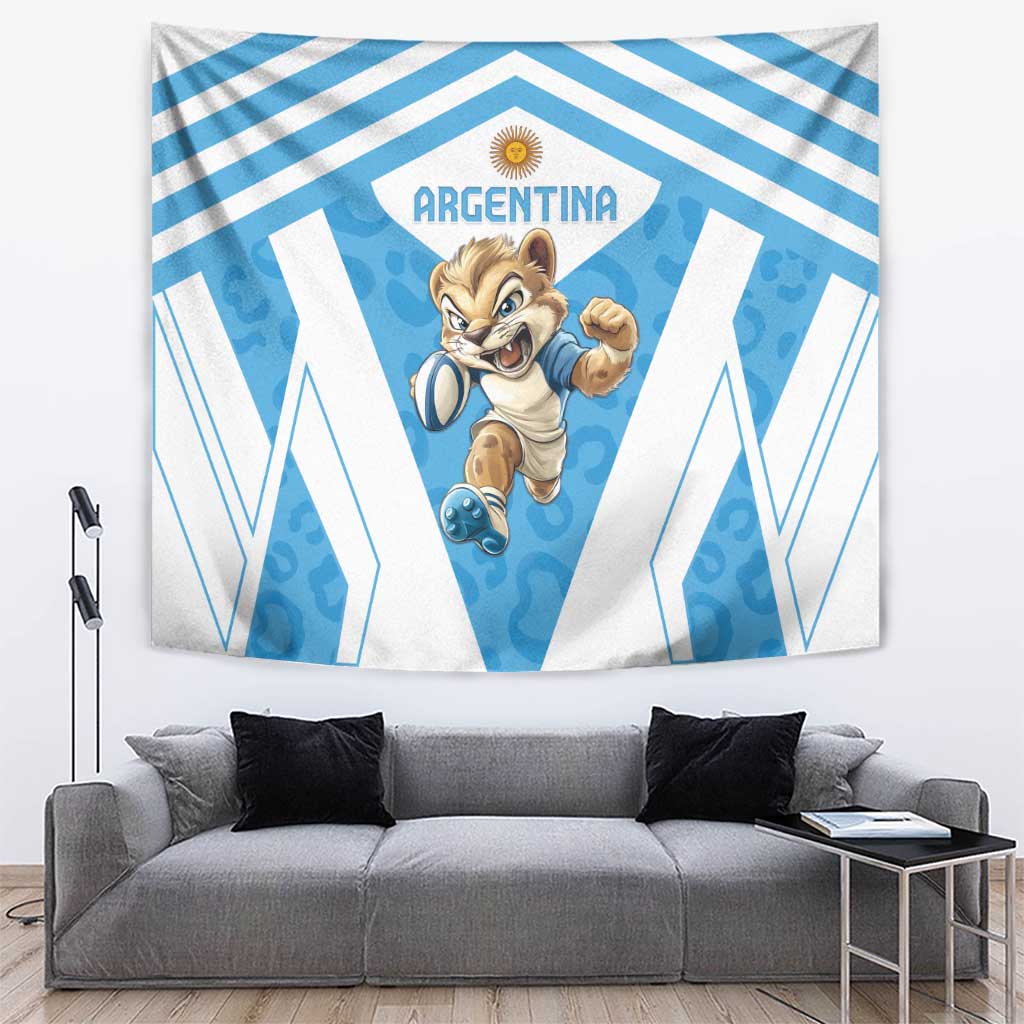 Argentina blue-and-white tapestry with central logo and running mascot figure, wall-hung