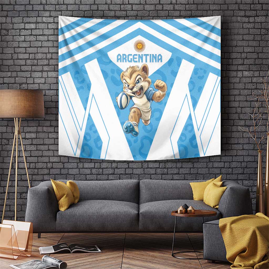 Blue and white Argentina tapestry on brick wall, central logo with running mascot