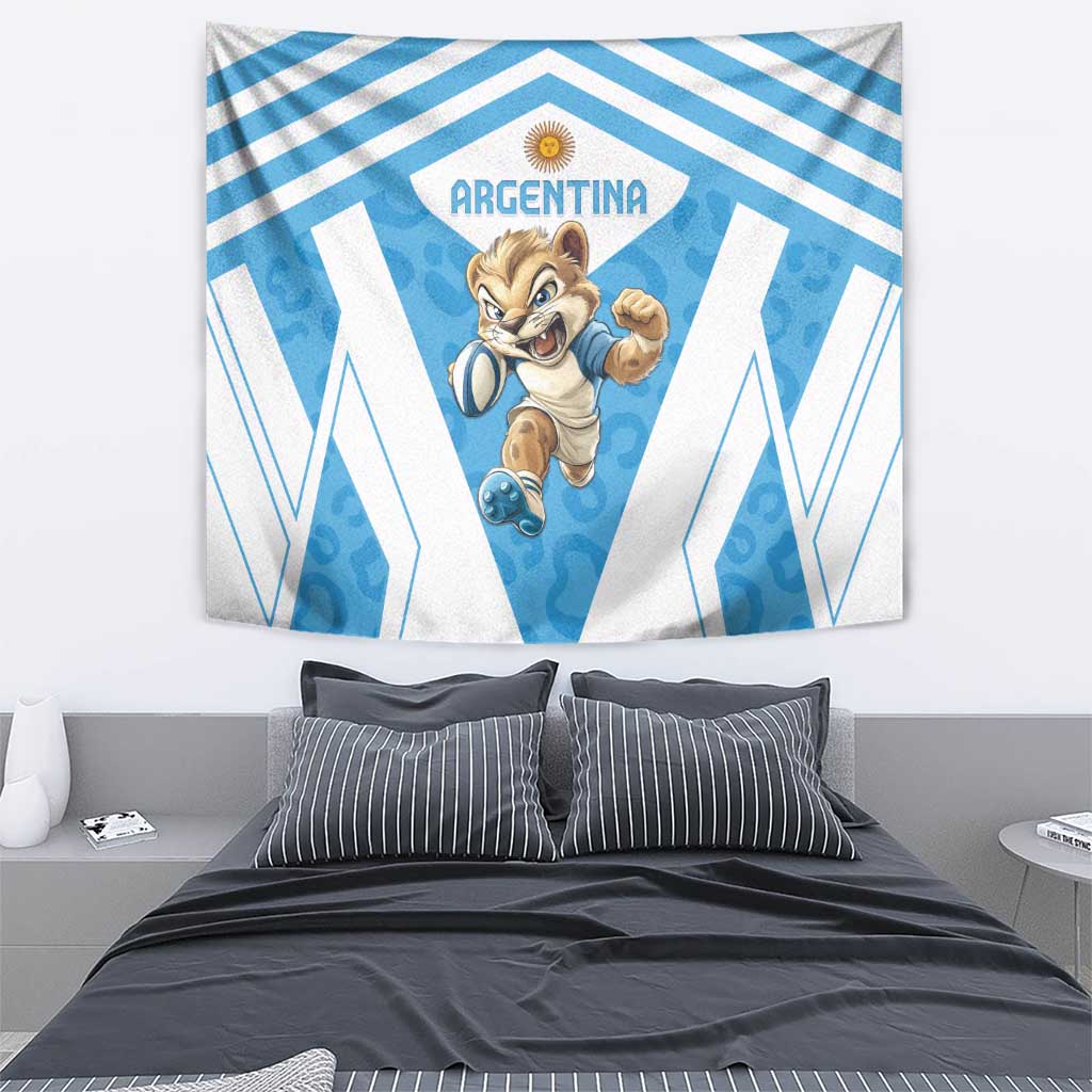 Blue and white Argentina tapestry over bed, central logo and running mascot graphic