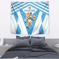 Blue and white Argentina tapestry over bed, central logo and running mascot graphic