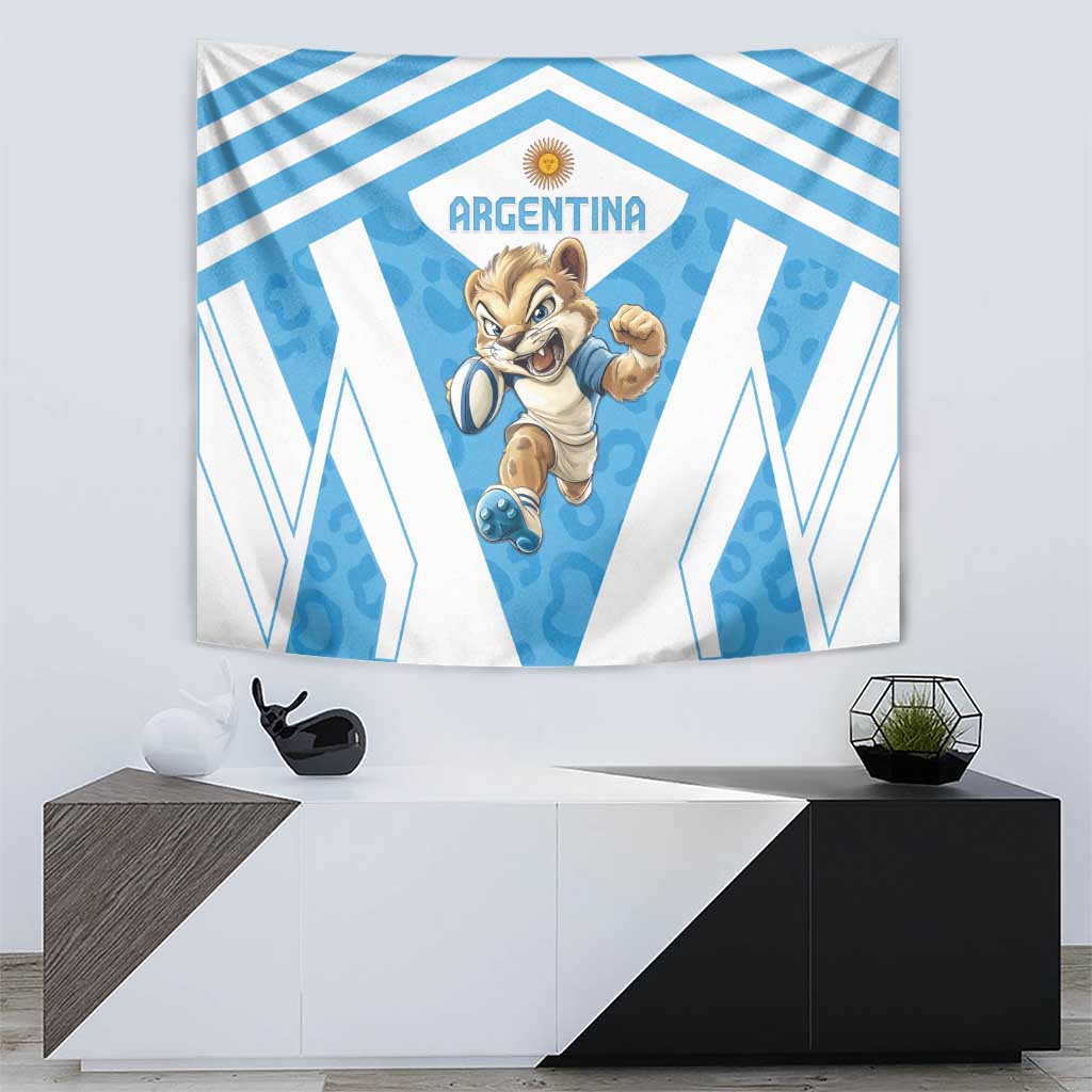 Blue and white Argentina tapestry on wall above console, central logo with running mascot