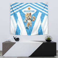 Blue and white Argentina tapestry on wall above console, central logo with running mascot