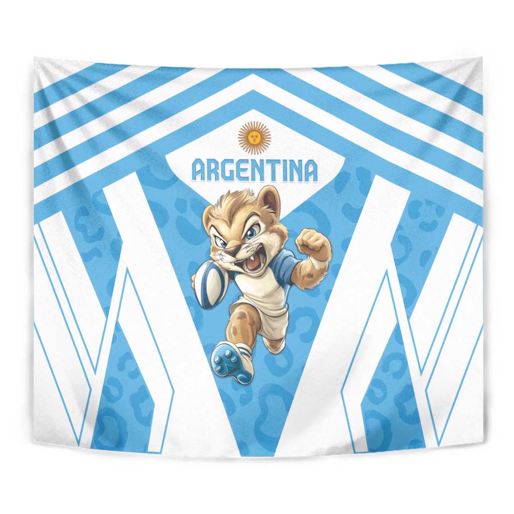 Blue and white Argentina tapestry, central logo and running mascot, wall hang close-up