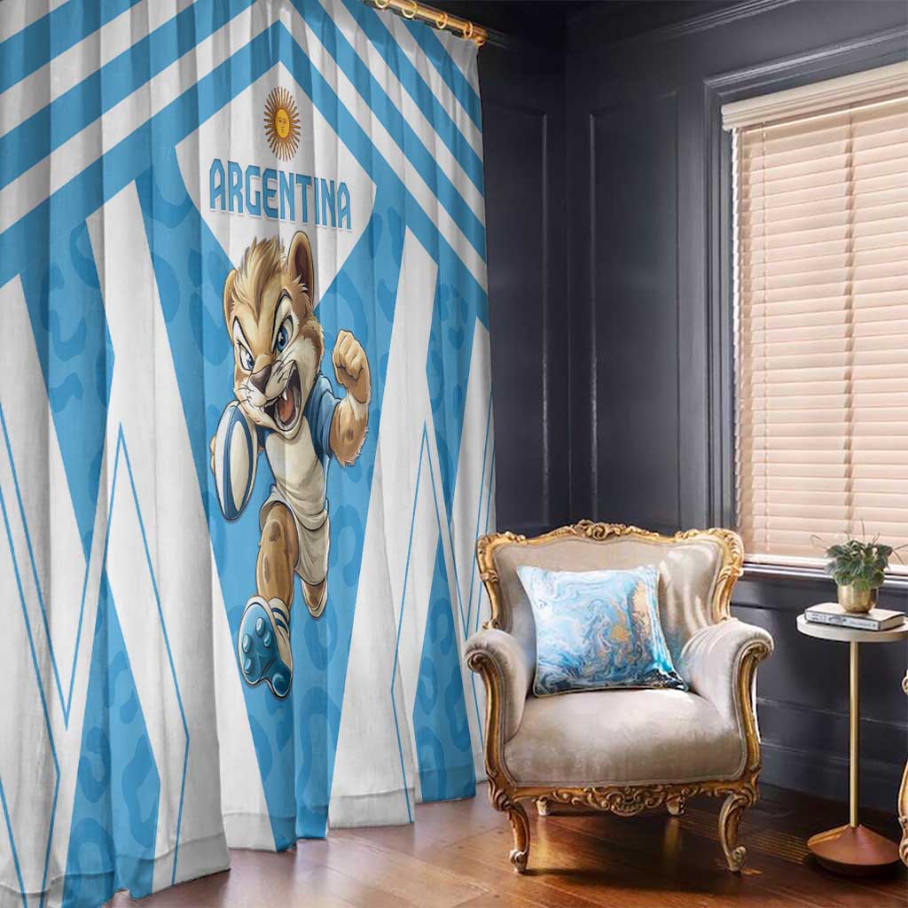 Blue and white striped window curtain panels featuring a cartoon rugby mascot