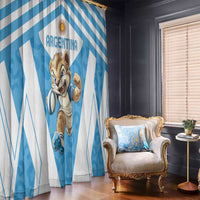Blue and white striped window curtain panels featuring a cartoon rugby mascot