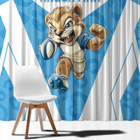 Blue and white striped window curtain panel with close-up cartoon rugby character artwork