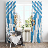 Blue and white striped window curtains with cartoon rugby player graphics