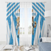 Blue and white striped window curtains with cartoon rugby character prints and hanging rod