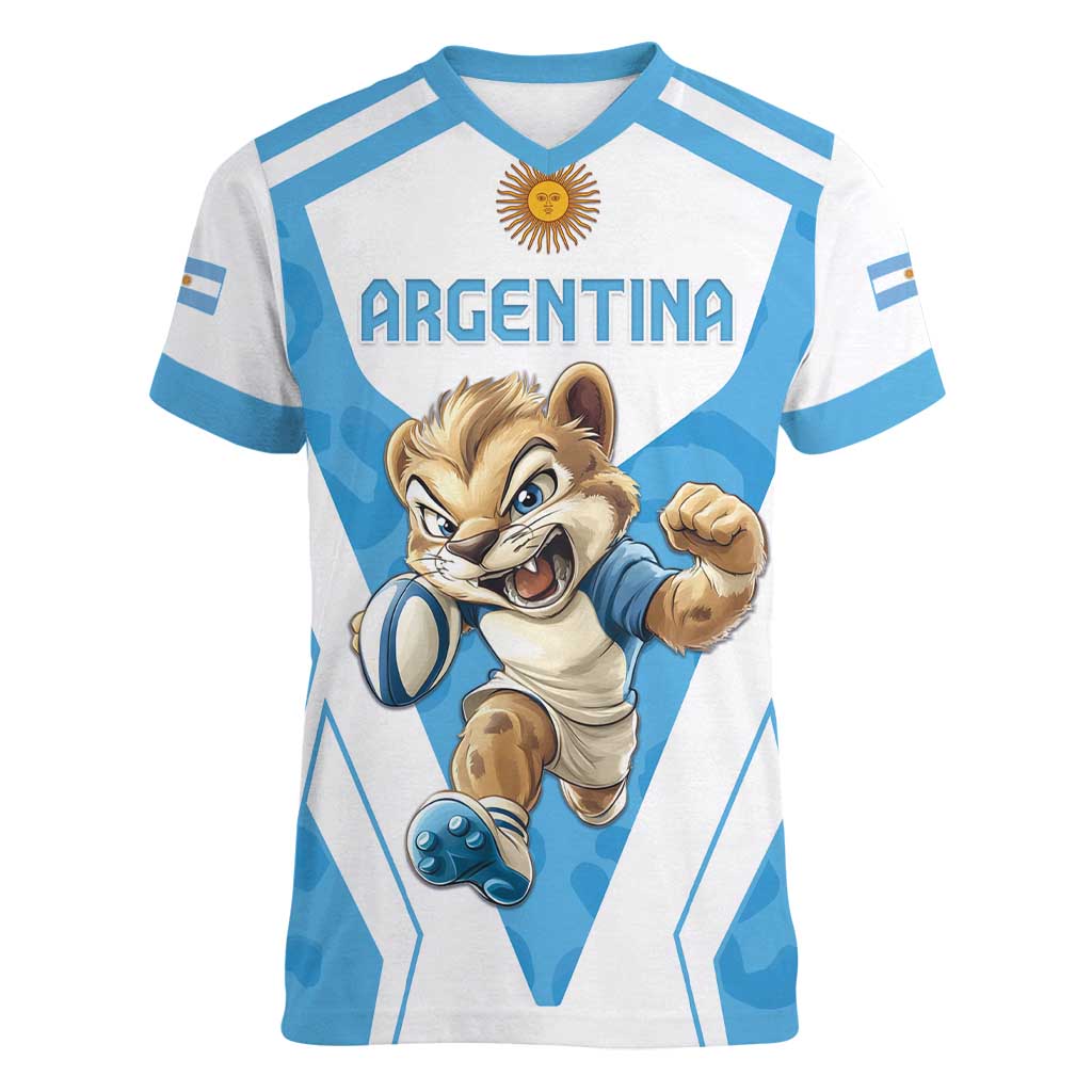 Custom Argentina Rugby 2024 Women V-Neck T-Shirt Go Los Pumas Leopard Pattern LT05 - Wonder Print Shop