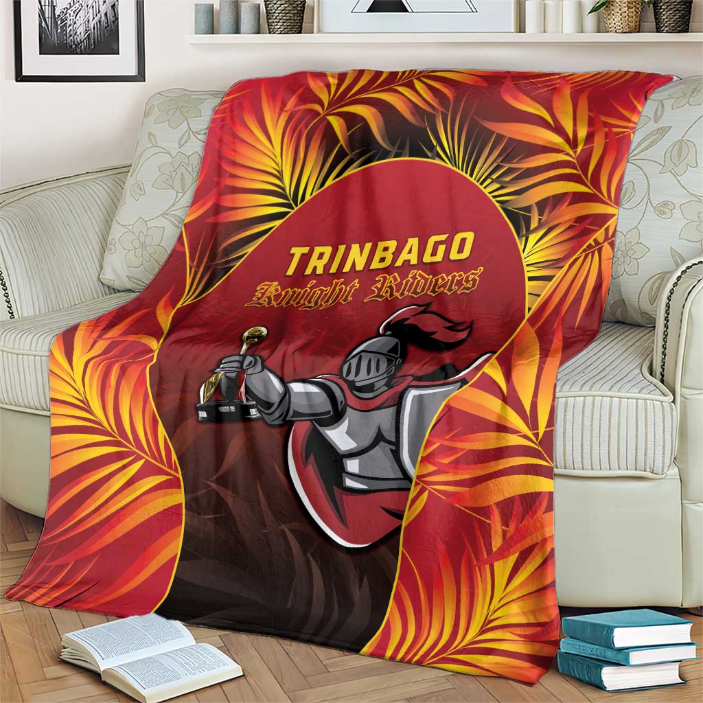Red cricket blanket with tropical fan pattern and Knight Riders rider illustration