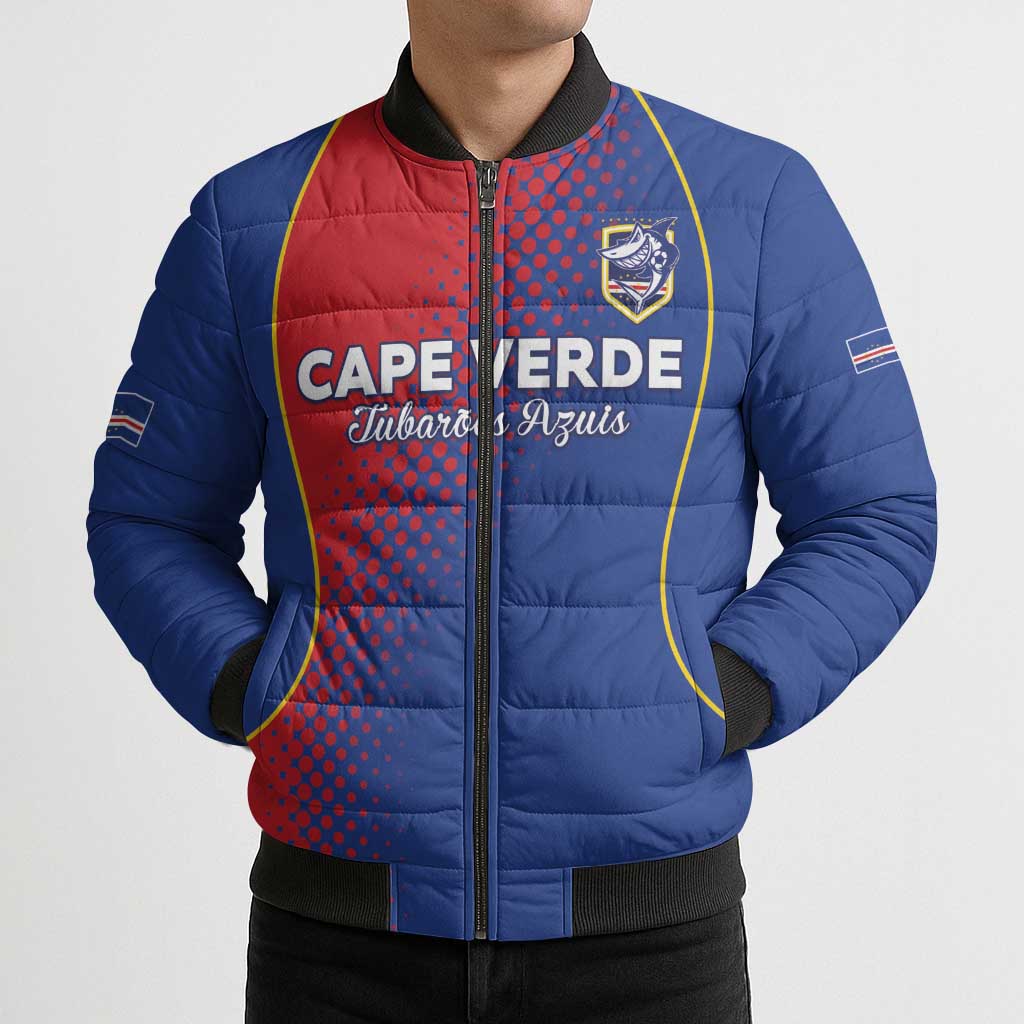 Custom Cape Verde Football Bomber Puffer Jacket Blue Sharks Make History - Wonder Print Shop