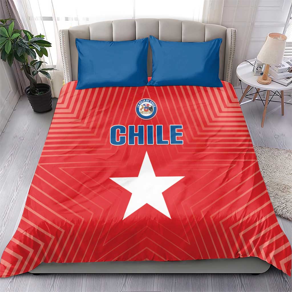 Chile bedding set: red geometric duvet with white star and CHILE logo, plus blue pillowcases