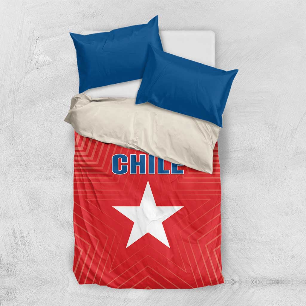 Chile bedding set with red duvet panel, white star, CHILE text, and two blue accent pillows