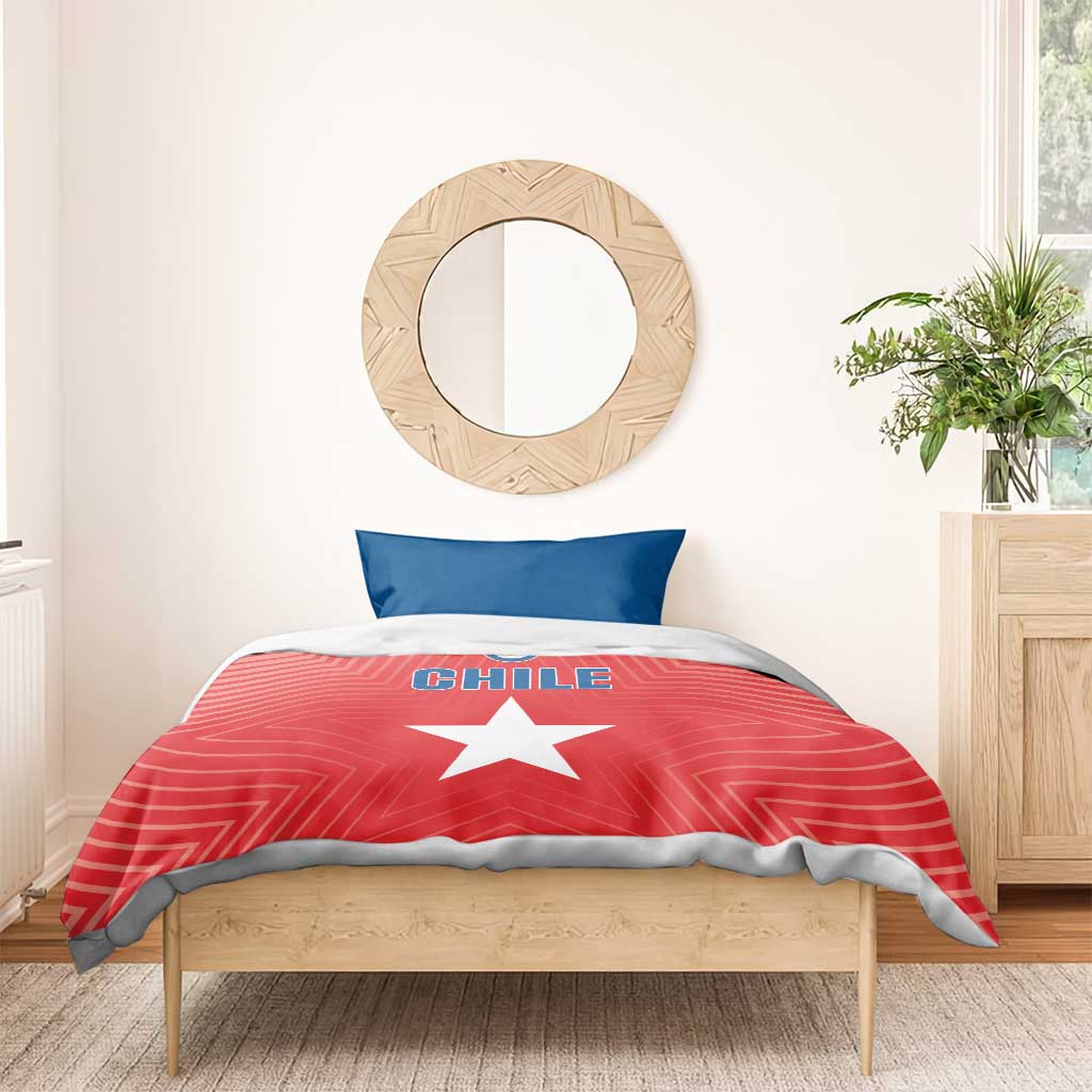Chile bedding set with red duvet, white star and CHILE text, blue pillow and matching trim