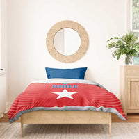 Chile bedding set with red duvet, white star and CHILE text, blue pillow and matching trim
