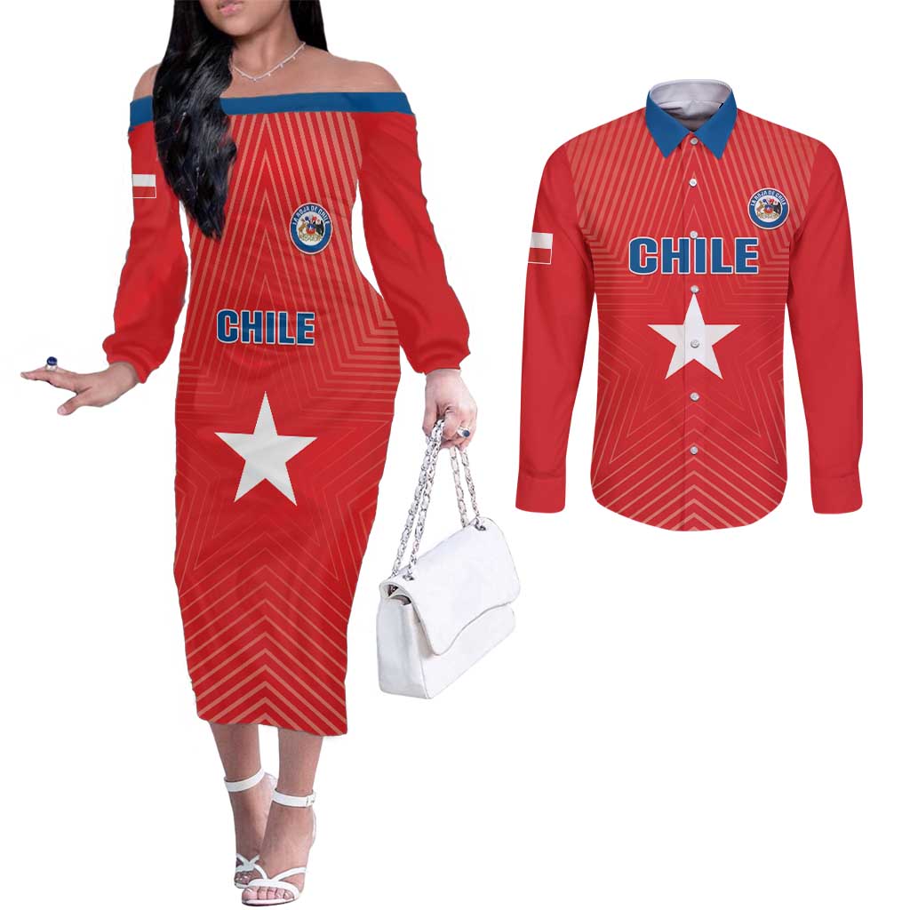 Custom Chile Star Football Couples Matching Off The Shoulder Long Sleeve Dress and Long Sleeve Button Shirt Vamos La Roja