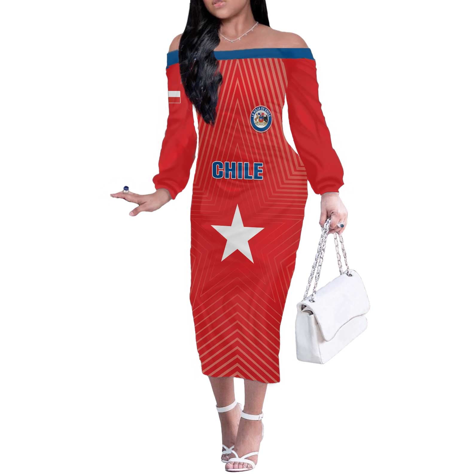 Custom Chile Star Football Off The Shoulder Long Sleeve Dress Vamos La Roja