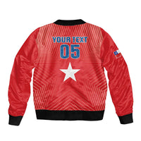 Red bomber jacket back with YOUR TEXT 05 star print and Chile flag sleeve patch