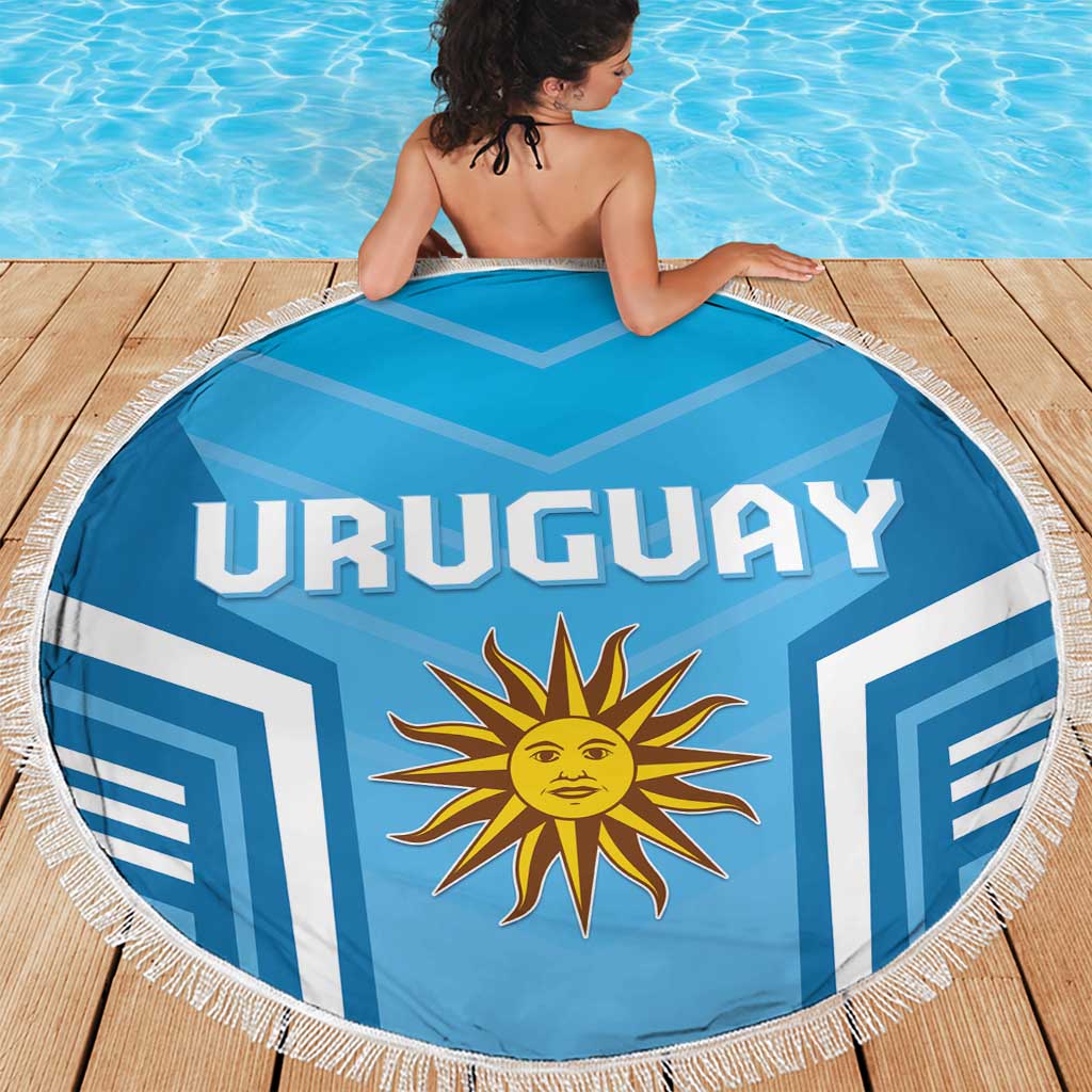 Round blue Uruguay beach blanket with white fringe, sun and chevron stripes, 150cm