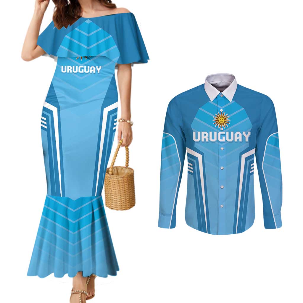 Custom Uruguay Football Couples Matching Mermaid Dress and Long Sleeve Button Shirt Unique Style