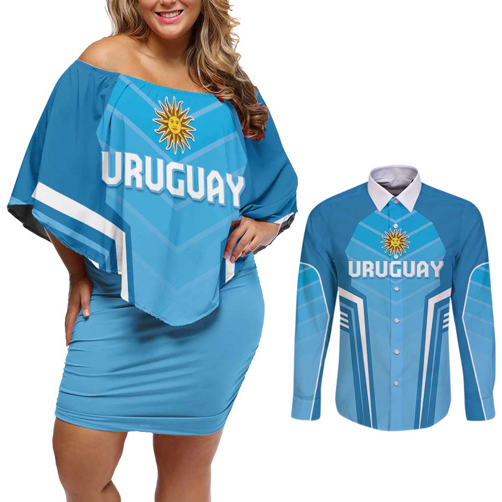 Custom Uruguay Football Couples Matching Off Shoulder Short Dress and Long Sleeve Button Shirt Unique Style