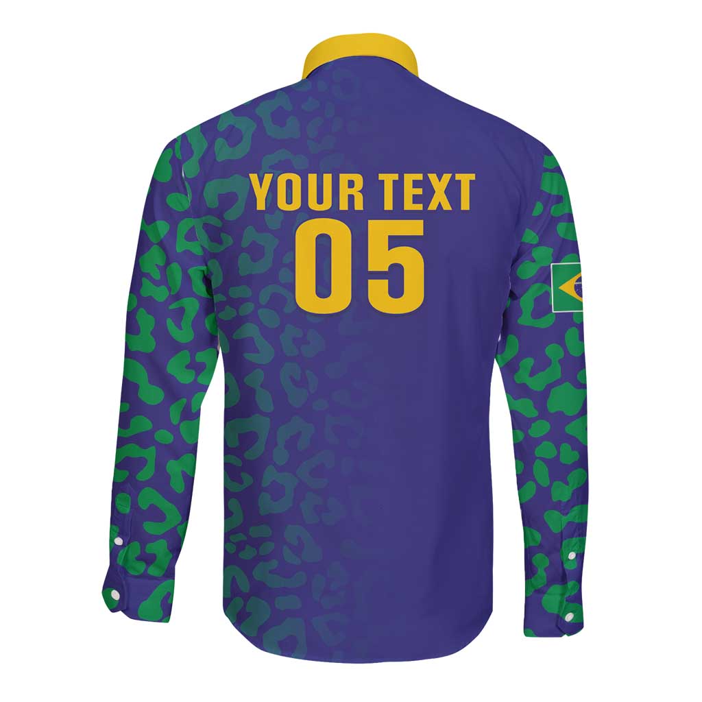 Custom Brazil Football Long Sleeve Button Shirt With Leopard Pattern