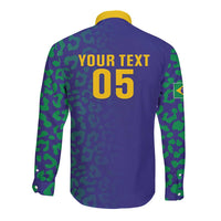 Custom Brazil Football Long Sleeve Button Shirt With Leopard Pattern