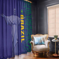 Hanging Brazil football curtains with blue player graphic panel and green leopard BRAZIL panel.