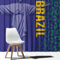 Close-up view of Brazil football window curtains: blue player panel and green leopard BRAZIL panel.