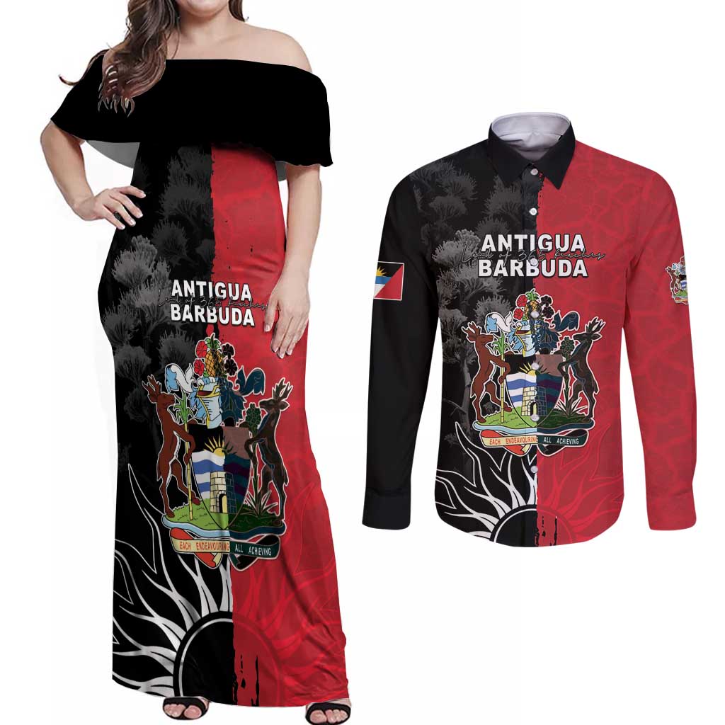 Personalized Antigua and Barbuda Couples Matching Off Shoulder Maxi Dress and Long Sleeve Button Shirt Land Of 365 Beaches