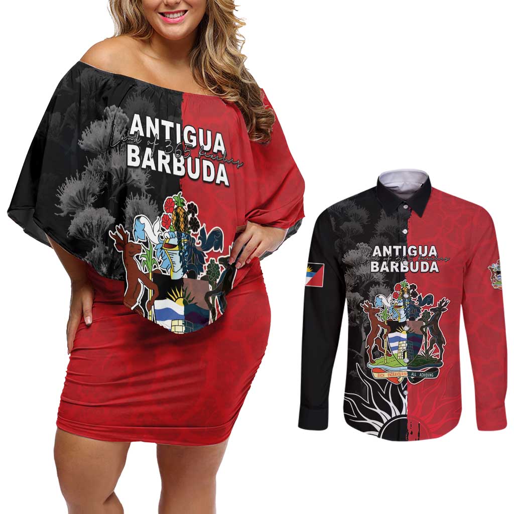 Personalized Antigua and Barbuda Couples Matching Off Shoulder Short Dress and Long Sleeve Button Shirt Land Of 365 Beaches