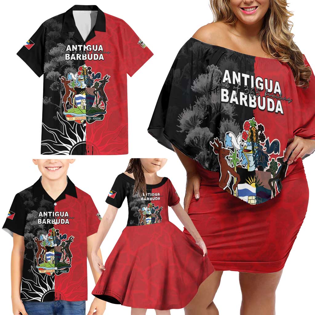 Personalized Antigua and Barbuda Family Matching Off Shoulder Short Dress and Hawaiian Shirt Land Of 365 Beaches