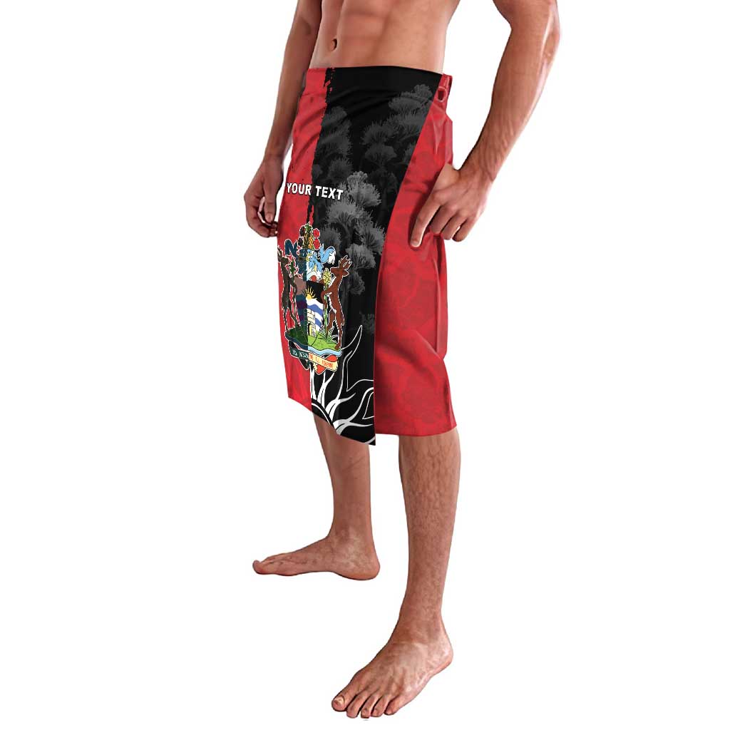 Red lavalava skirt with black side panel and colorful beach graphic print